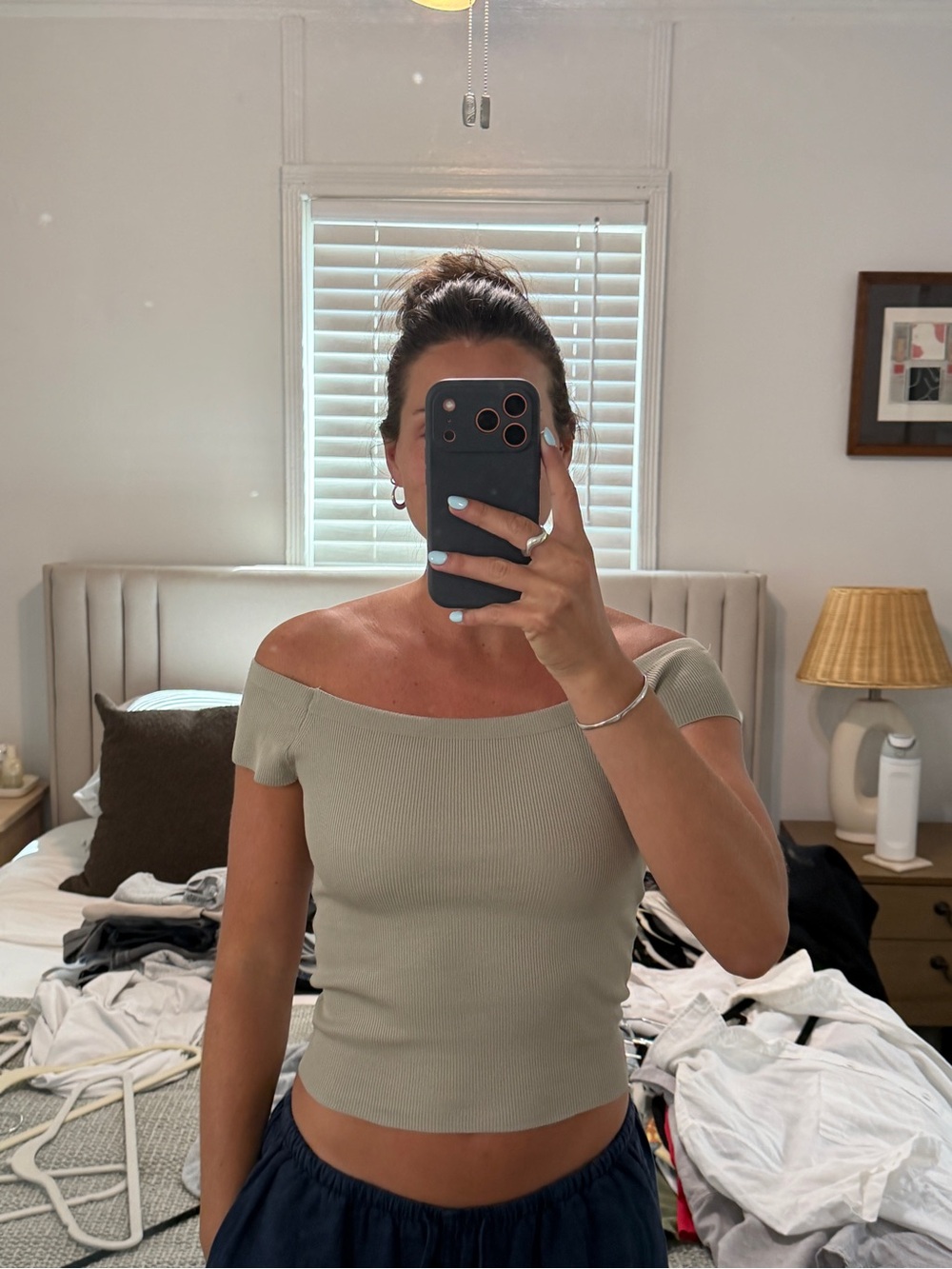 Zara Off-Shoulder Ribbed top in Sage Green
